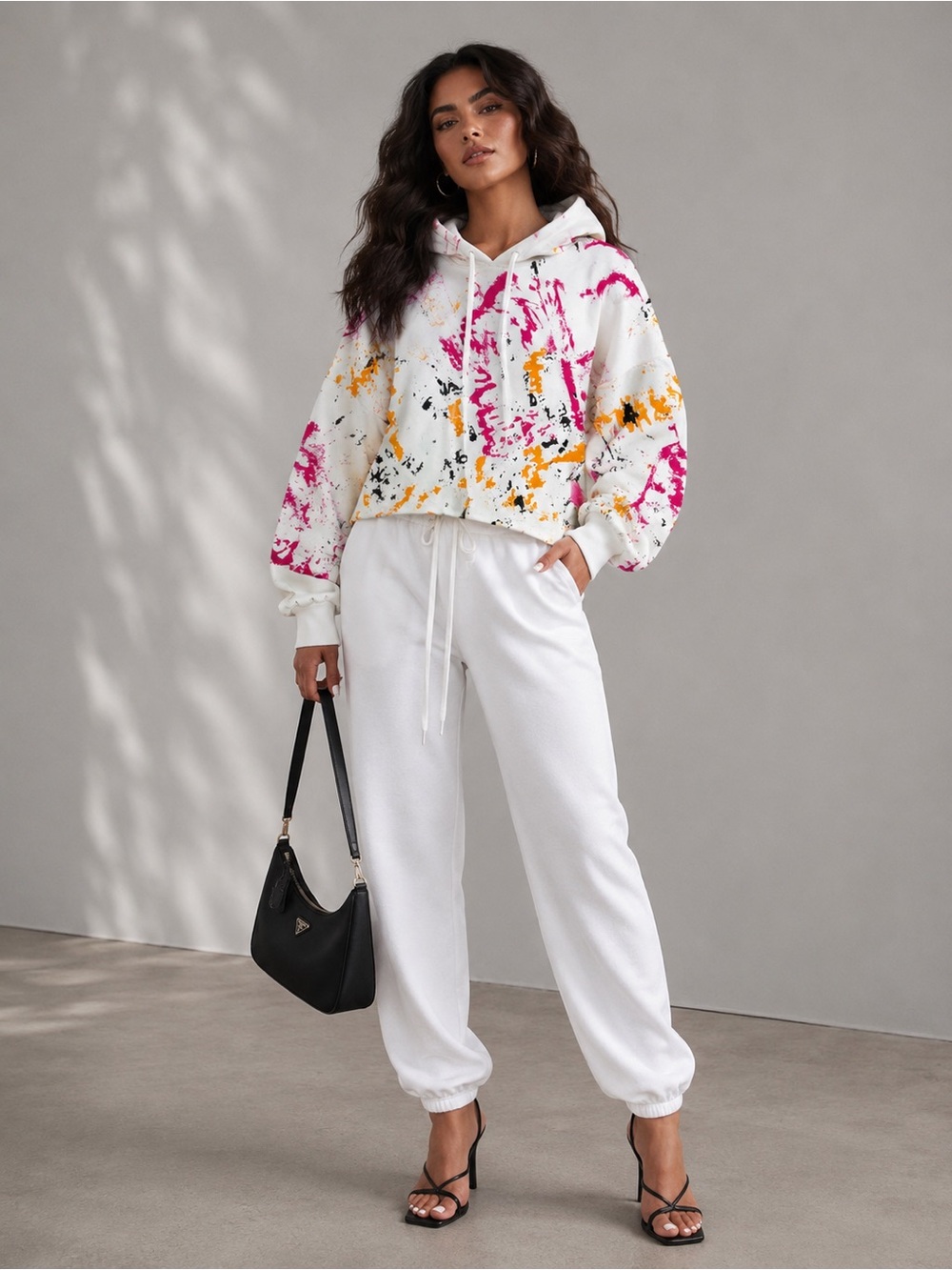 White Tie-Dye Cropped Hoodie Pink & Yellow Accents